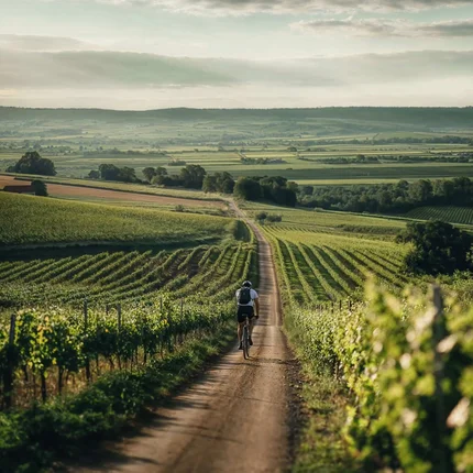 Radfahrer auf einem Feldweg durch Weinberge in einer ländlichen Landschaft