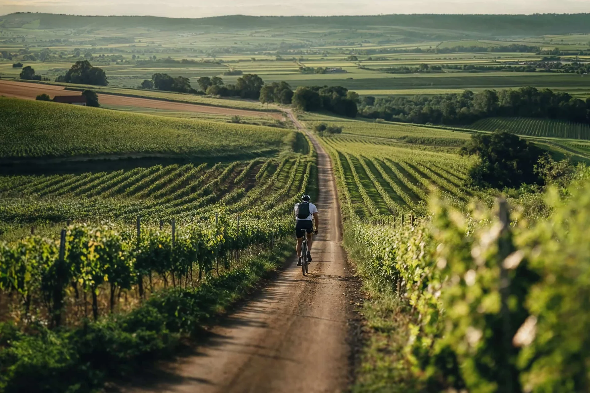 Radfahrer auf einem Feldweg durch Weinberge in einer ländlichen Landschaft