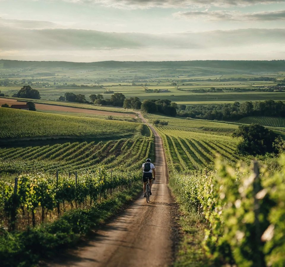Radfahrer auf einem Feldweg durch Weinberge in einer ländlichen Landschaft