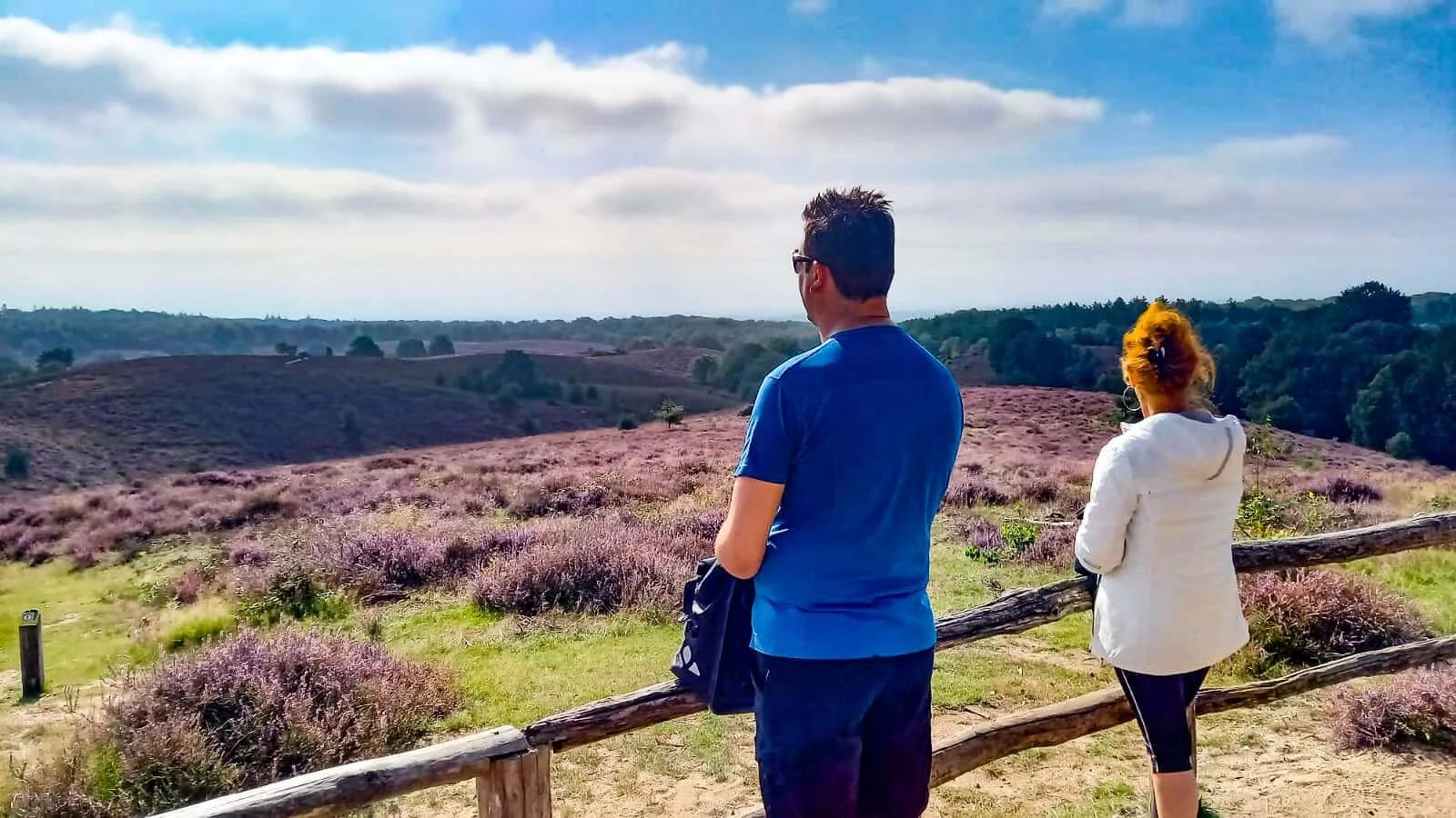 Zwei Personen blicken auf eine weite Heidelandschaft unter blauem Himmel