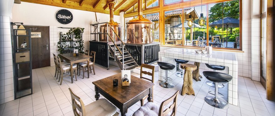 Cozy brewery interior with wooden ceiling and copper fermenters