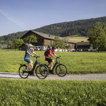 Twee fietsers rijden op een pad door groene velden met huizen en bergen