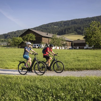 Two cyclists ride on a path through green fields with houses and mountains