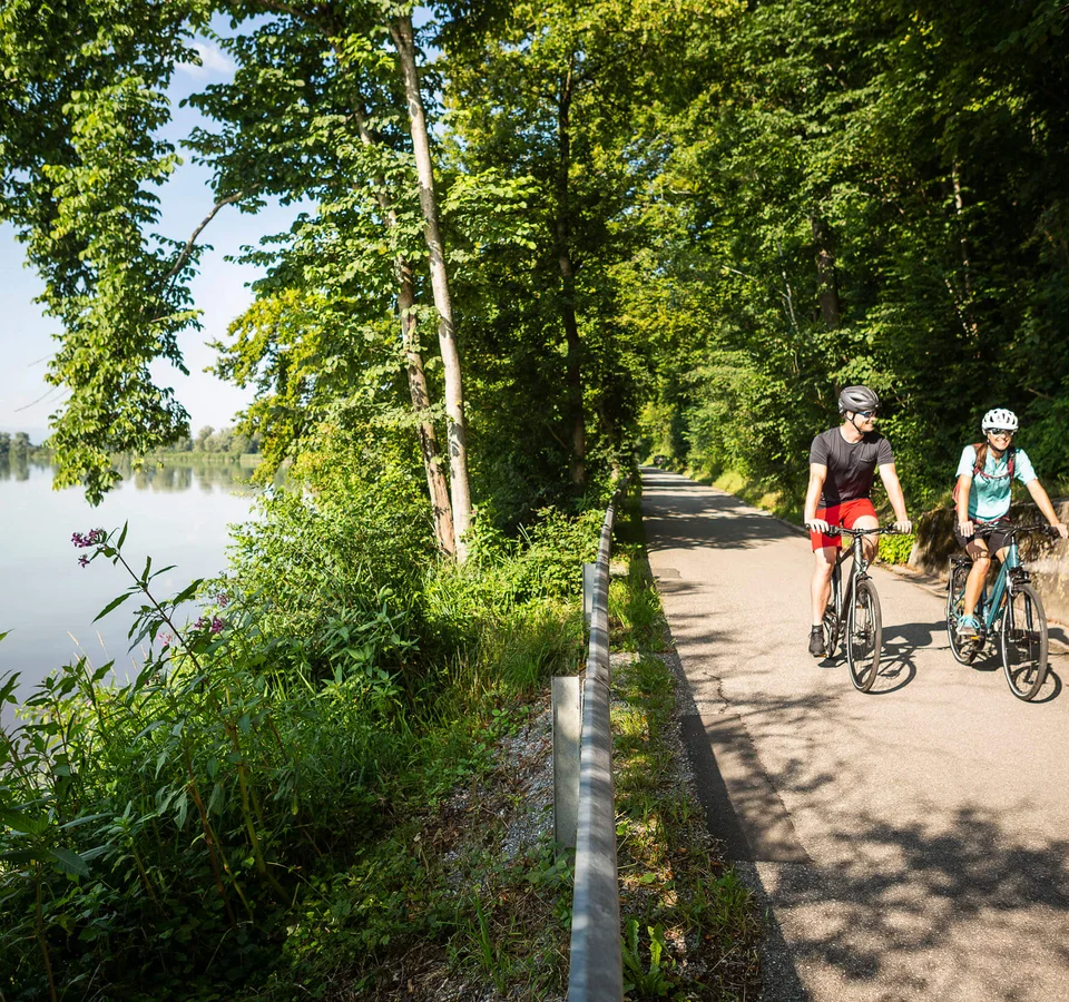 Zwei Radfahrer auf einem Weg neben einem Fluss im Wald