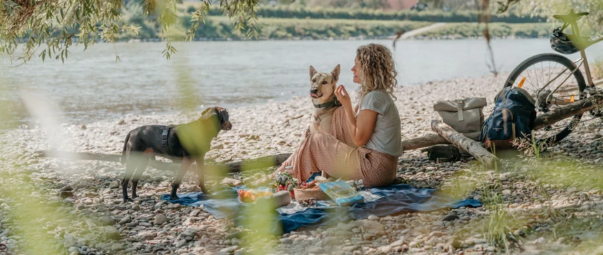 Frau picknickt mit zwei Hunden an einem Fluss unter schattigen Bäumen