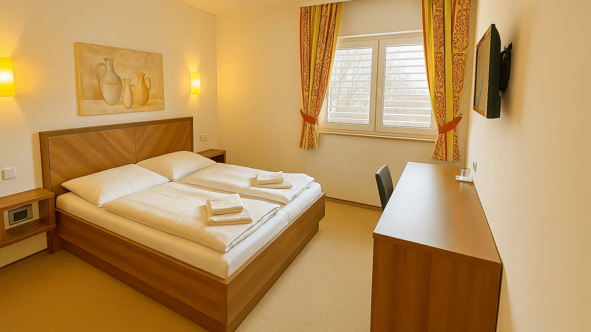 Gemütliches Hotelzimmer mit Doppelbett, Schreibtisch und dekorativen Vorhängen