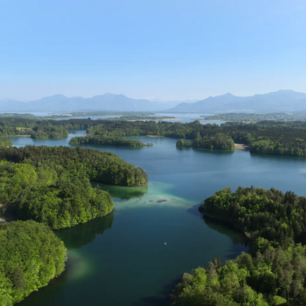 Aerial view of forested lake area with mountain panorama in the background