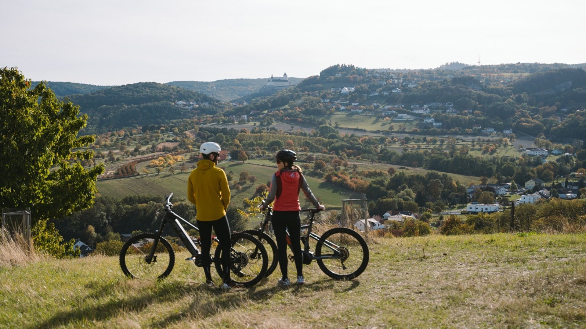 Two cyclists with helmets stand with their bikes on a hill overlooking a green landscape.