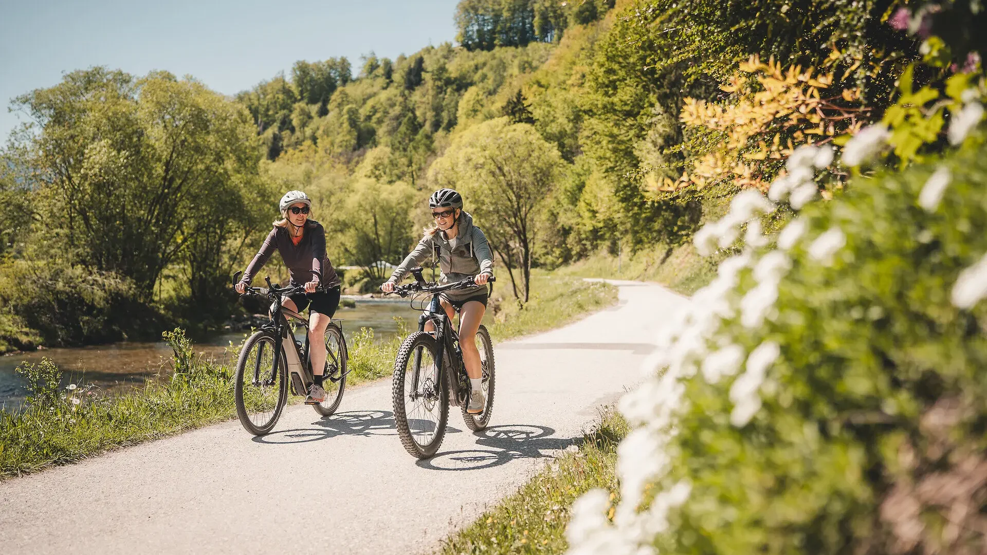 Tour-Detail Zwei Frauen fahren bei sonnigem Wetter mit dem Fahrrad auf einem Waldweg