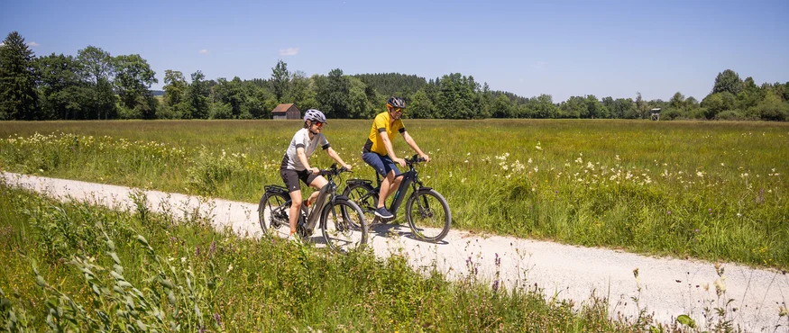 Herbstgenuss im Salzburger Seenland © Heiko Mandl Zwei Radfahrer fahren auf einem Weg durch eine grüne Wiese bei sonnigem Wetter