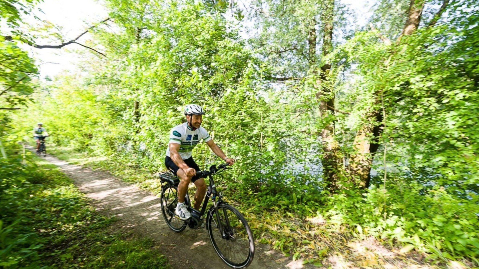 Man cycling on a forest trail surrounded by green trees