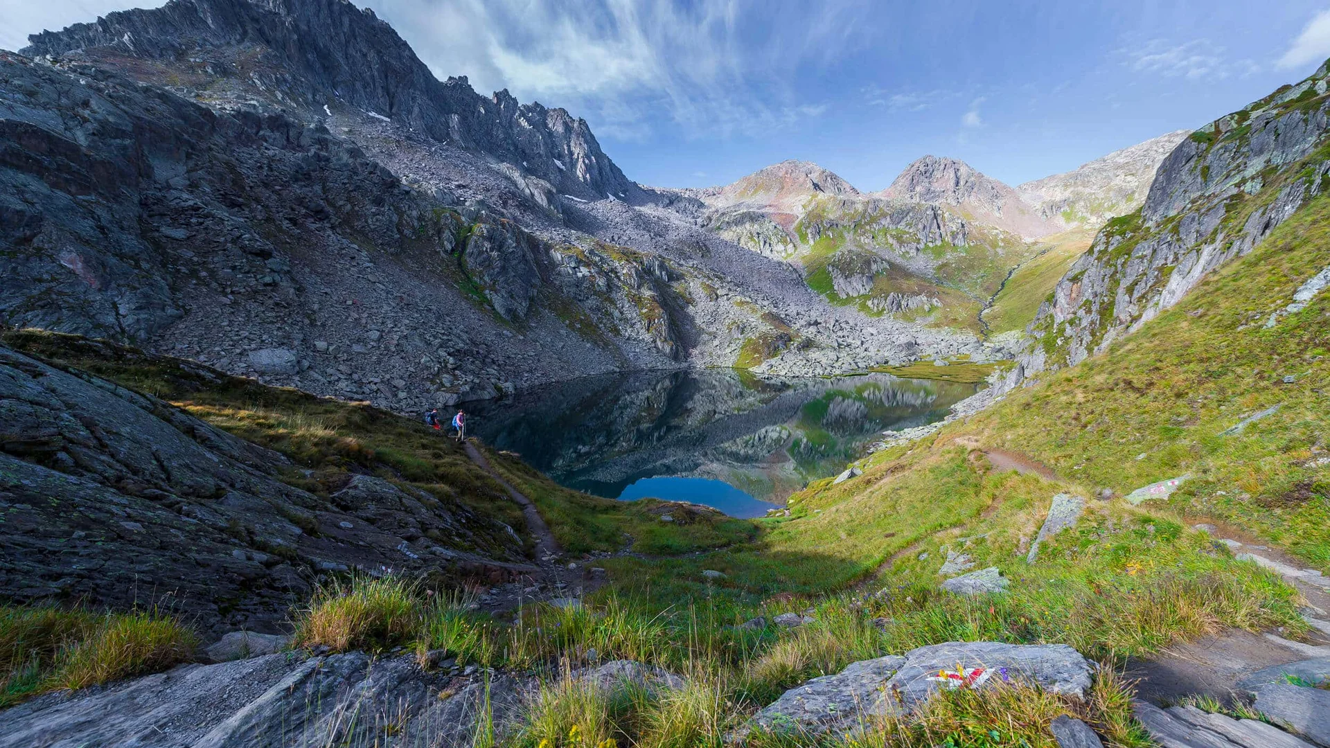 Bergmeer omringd door rotsachtige pieken en groene hellingen onder blauwe lucht