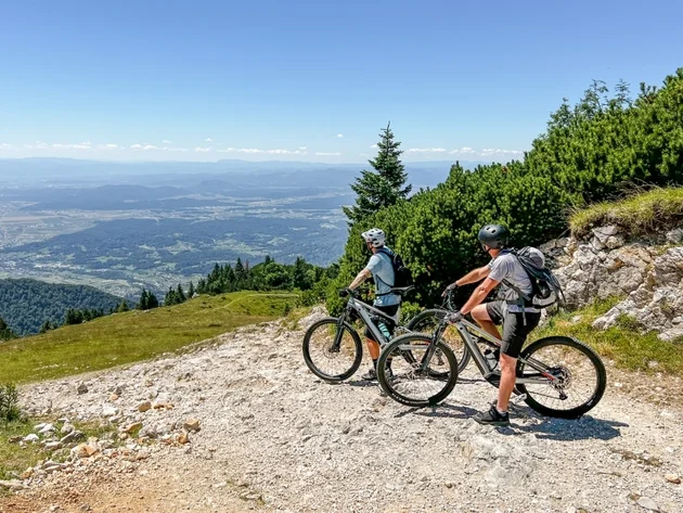 Genussradeln im Savinja-Tal © Hotel Grof Archive Zwei Radfahrer mit Helmen auf Bergweg mit Panoramablick