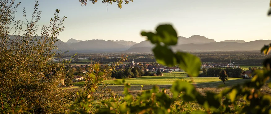 Anthering: Radurlaub zwischen Moor & Mozartstadt © Jakob Eder Blick auf eine grüne Landschaft mit Dorf und Bergen im Hintergrund bei Sonnenuntergang