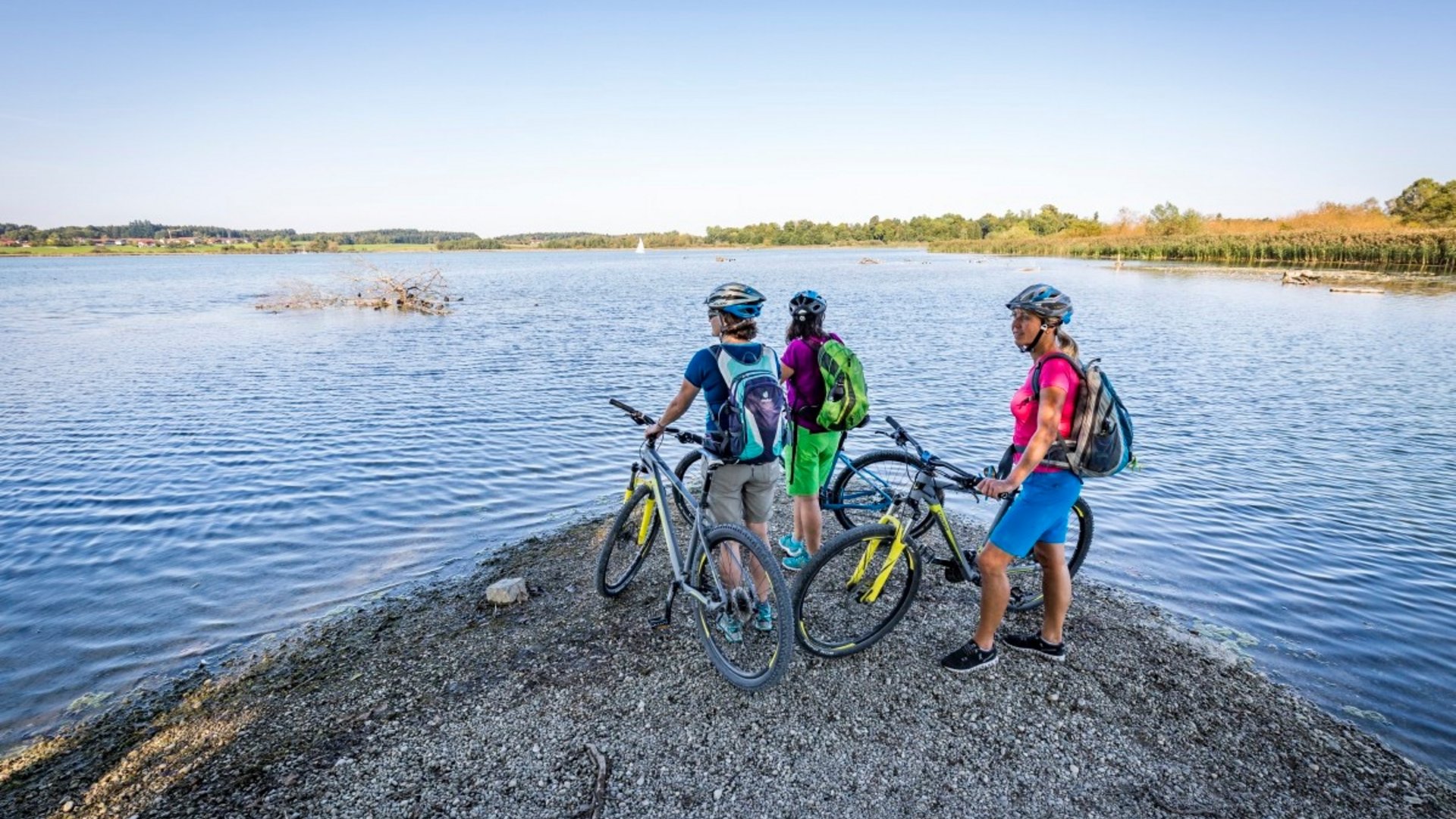 Three cyclists standing at the lakeshore looking at the water