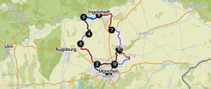 Hopfenschleife © Komoot - OpenStreetmap Karte mit markierten Radwegen zwischen München, Augsburg und Ingolstadt