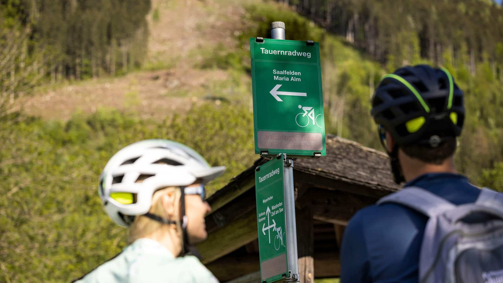 Two cyclists looking at Tauernradweg trail sign in mountain area