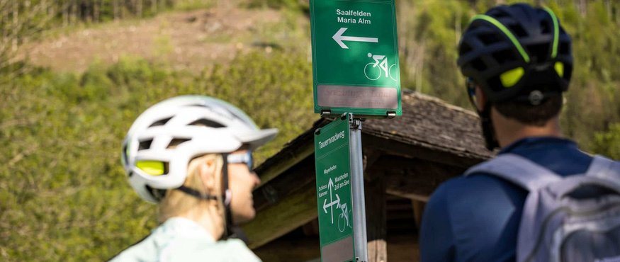 Two cyclists looking at Tauernradweg trail sign in mountain area