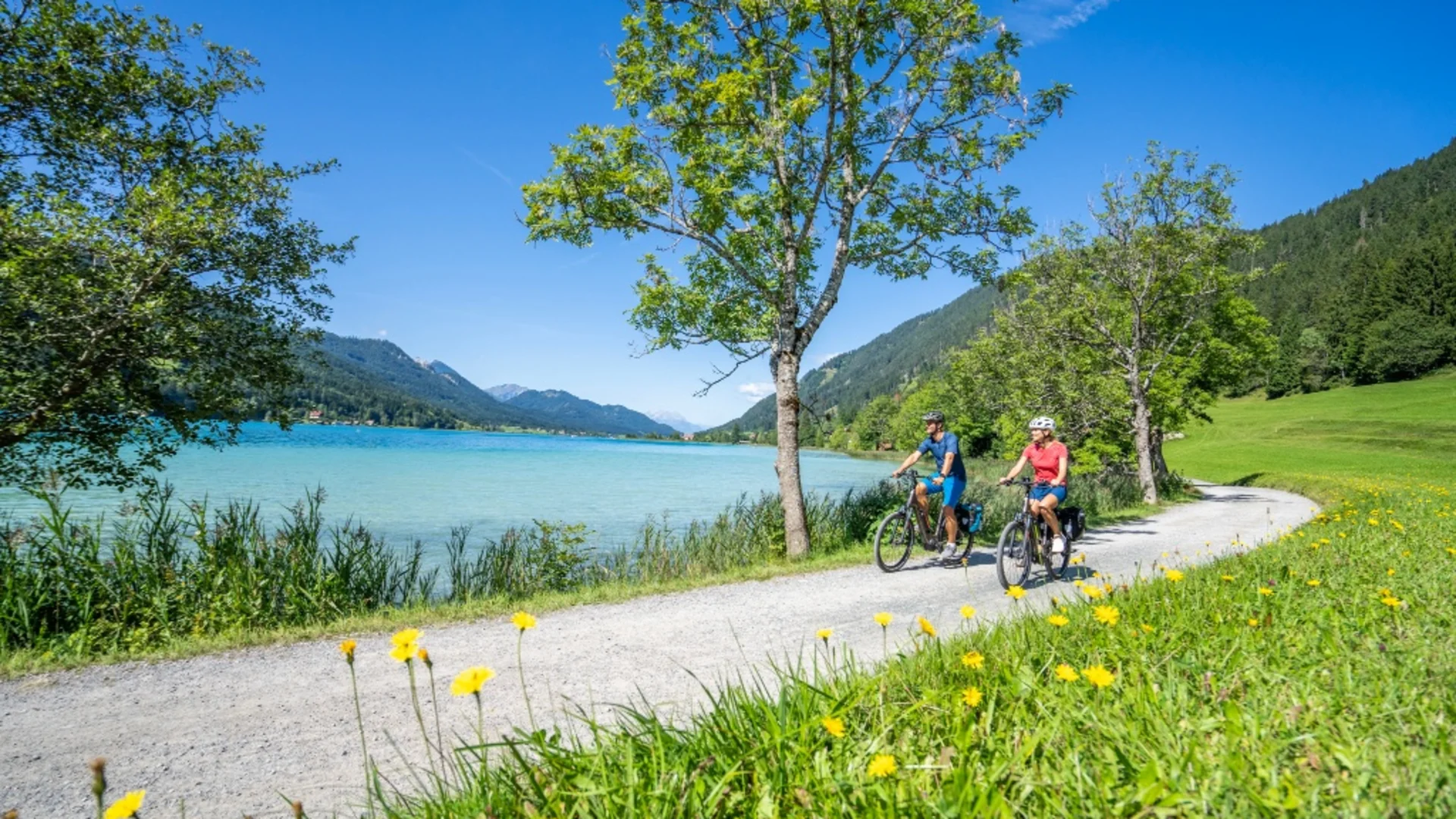 Twee fietsers op een pad langs een meer met bloemen en bergen