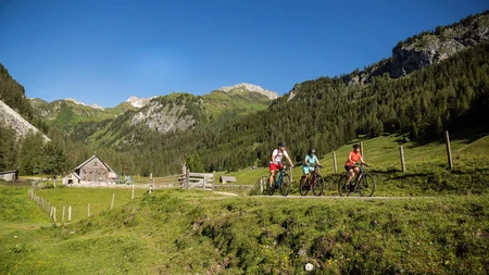 Drei Radfahrer fahren auf Bergweg mit Alpenhütten und Wald im Hintergrund