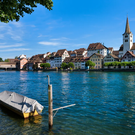Boats on river beside historic town with church and timber-framed houses