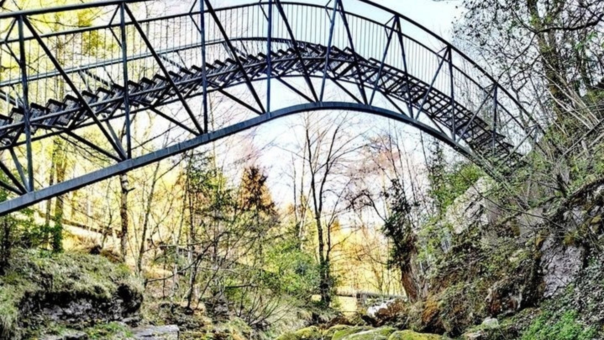 An arched metal bridge over a wooded valley