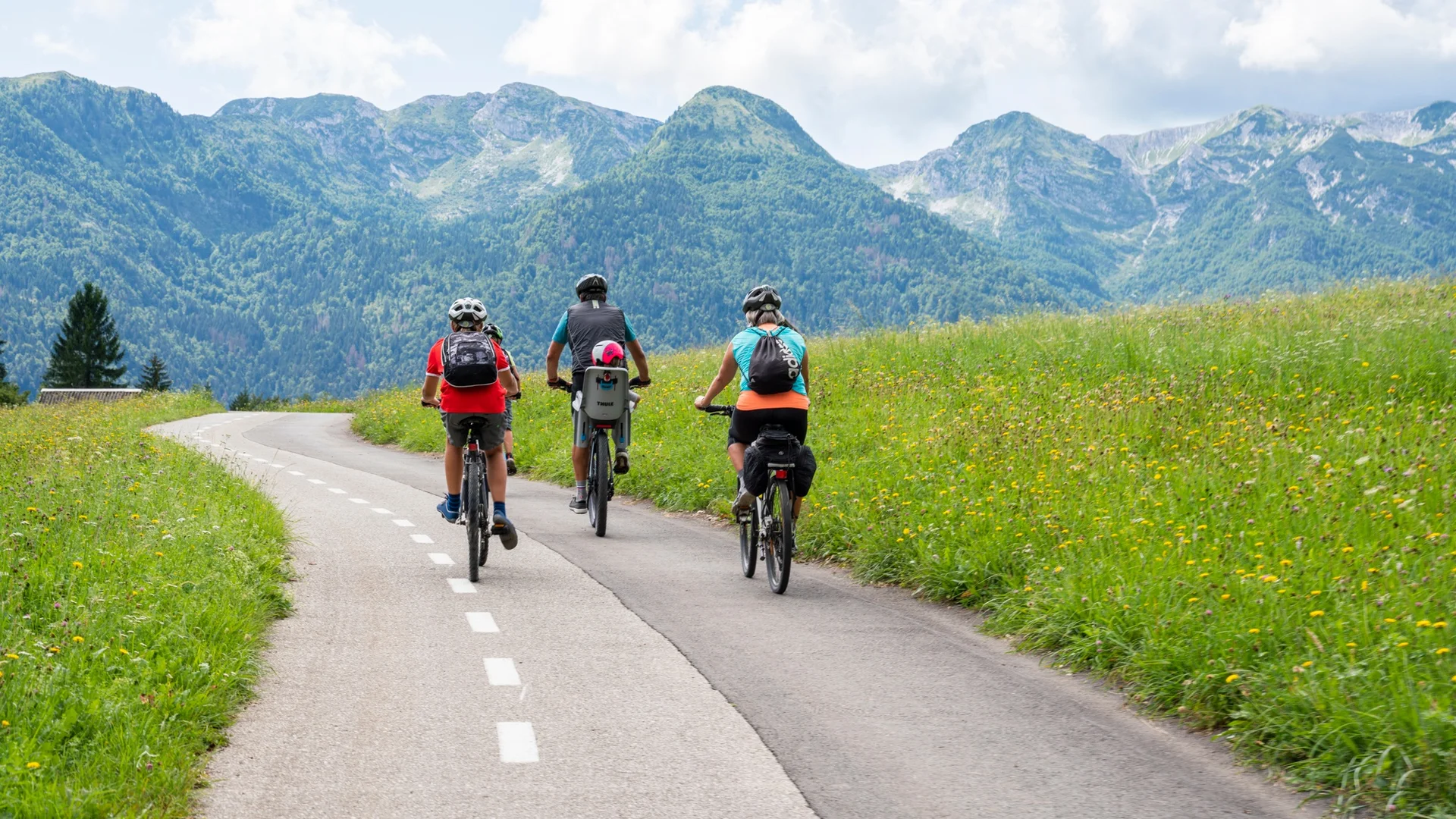 Drie fietsers op bergweg met groene weiden en bergen op de achtergrond