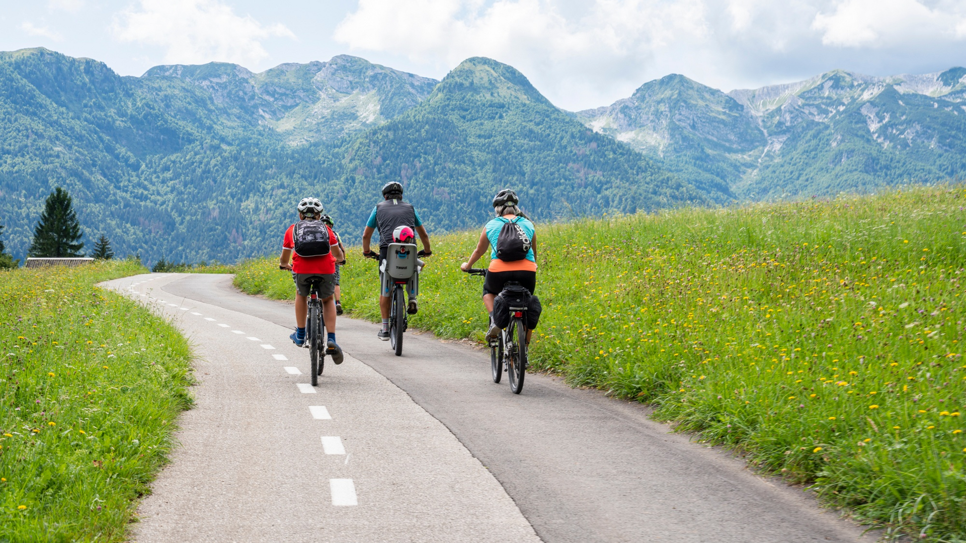 Three cyclists on mountain road with green meadows and mountains in background