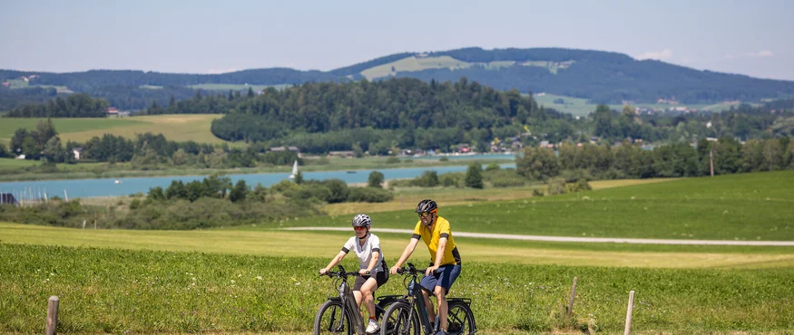 Zwei Radfahrer auf einem Weg mit grünen Feldern und See im Hintergrund