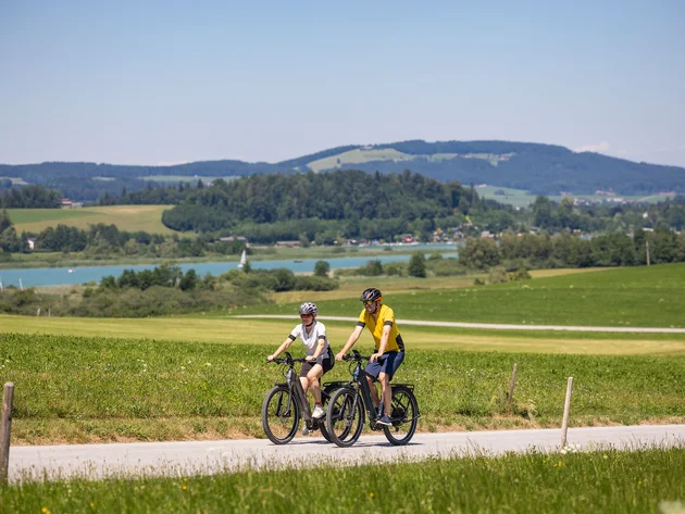 Zwei Radfahrer auf einem Weg mit grünen Feldern und See im Hintergrund