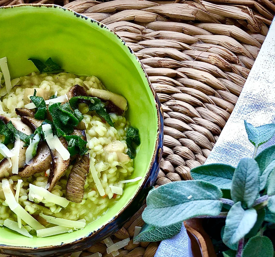 Groene risotto met champignons, kaas en verse kruiden in groene kom