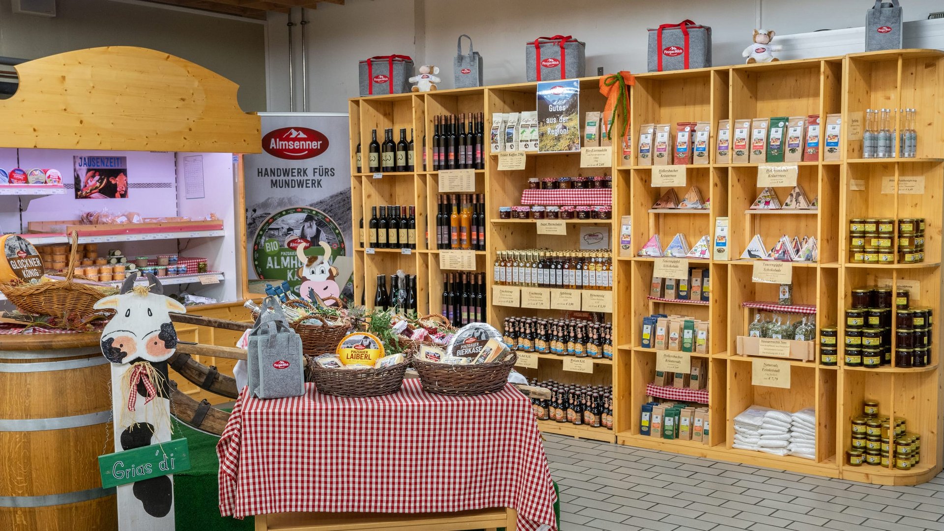 Shelf with local products and cheese in farm shop