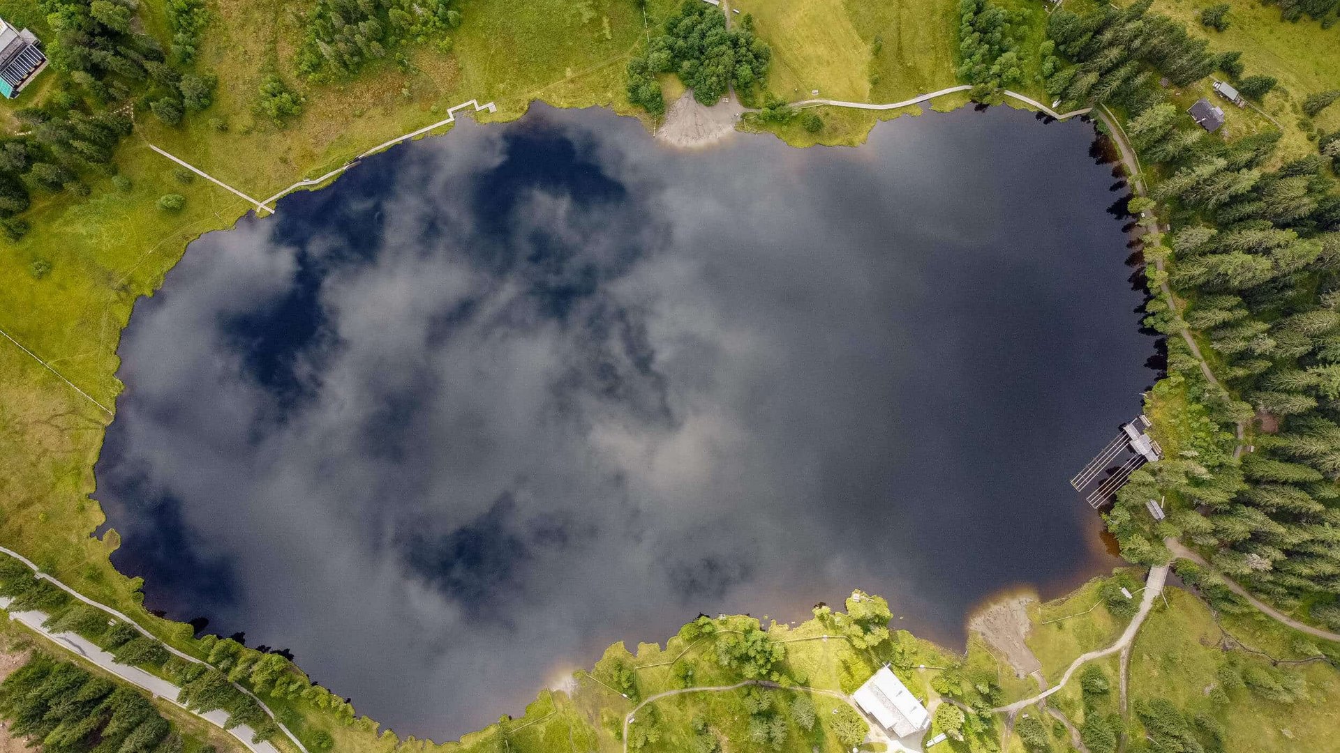 Aerial view of a lake surrounded by meadows and forests