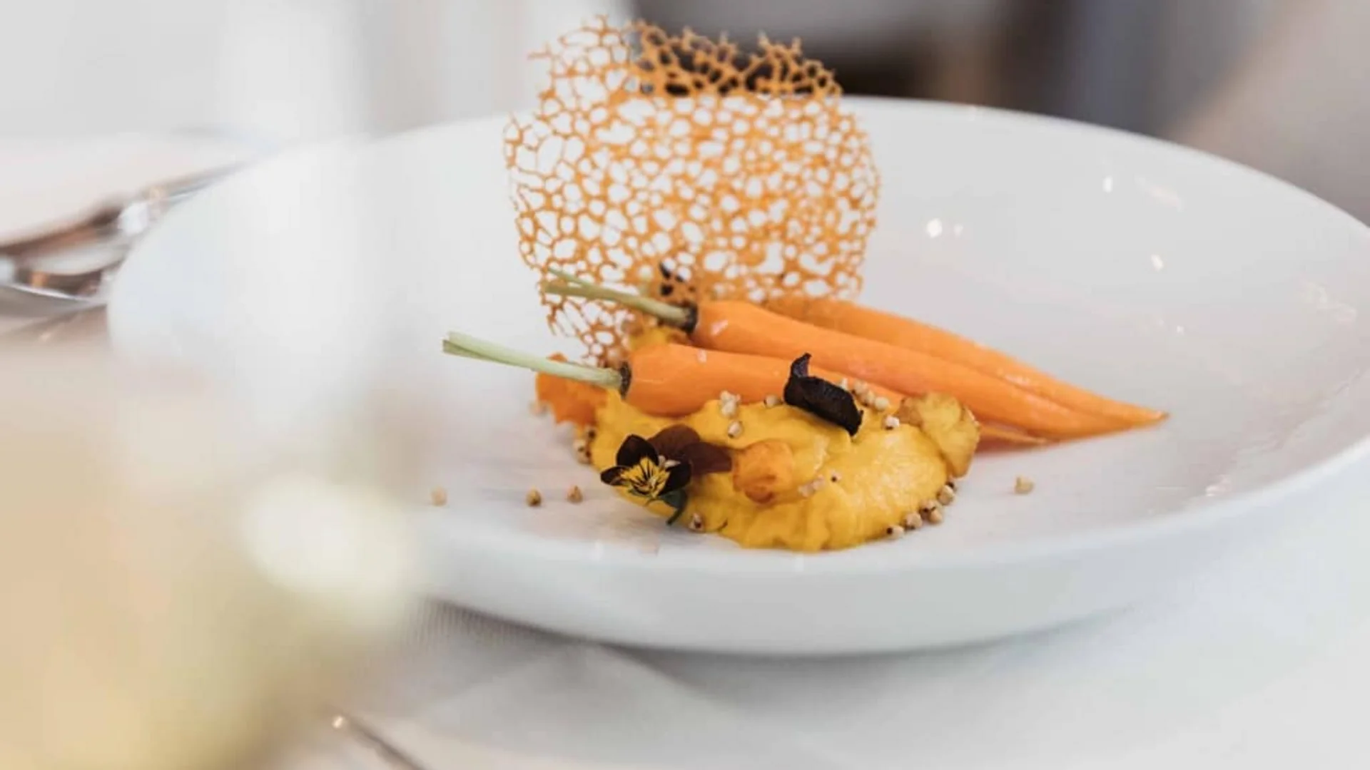 Gourmetgericht mit Karotten, Blumenkohlpüree und dekorativer essbarer Garnitur