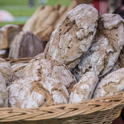 Basket filled with rustic loaves of freshly baked bread