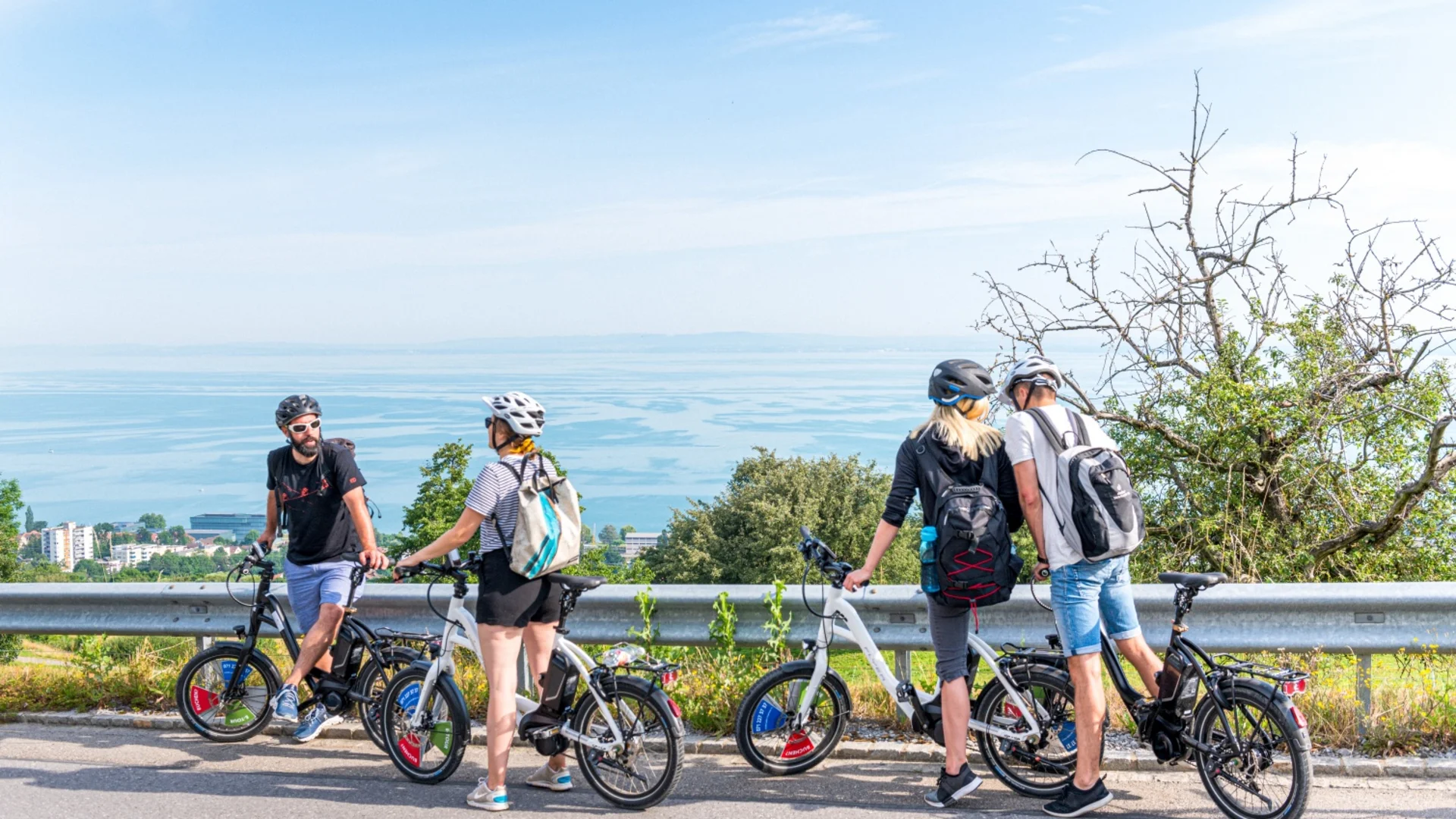 Vier personen met fietsen bij uitzichtpunt boven het meer