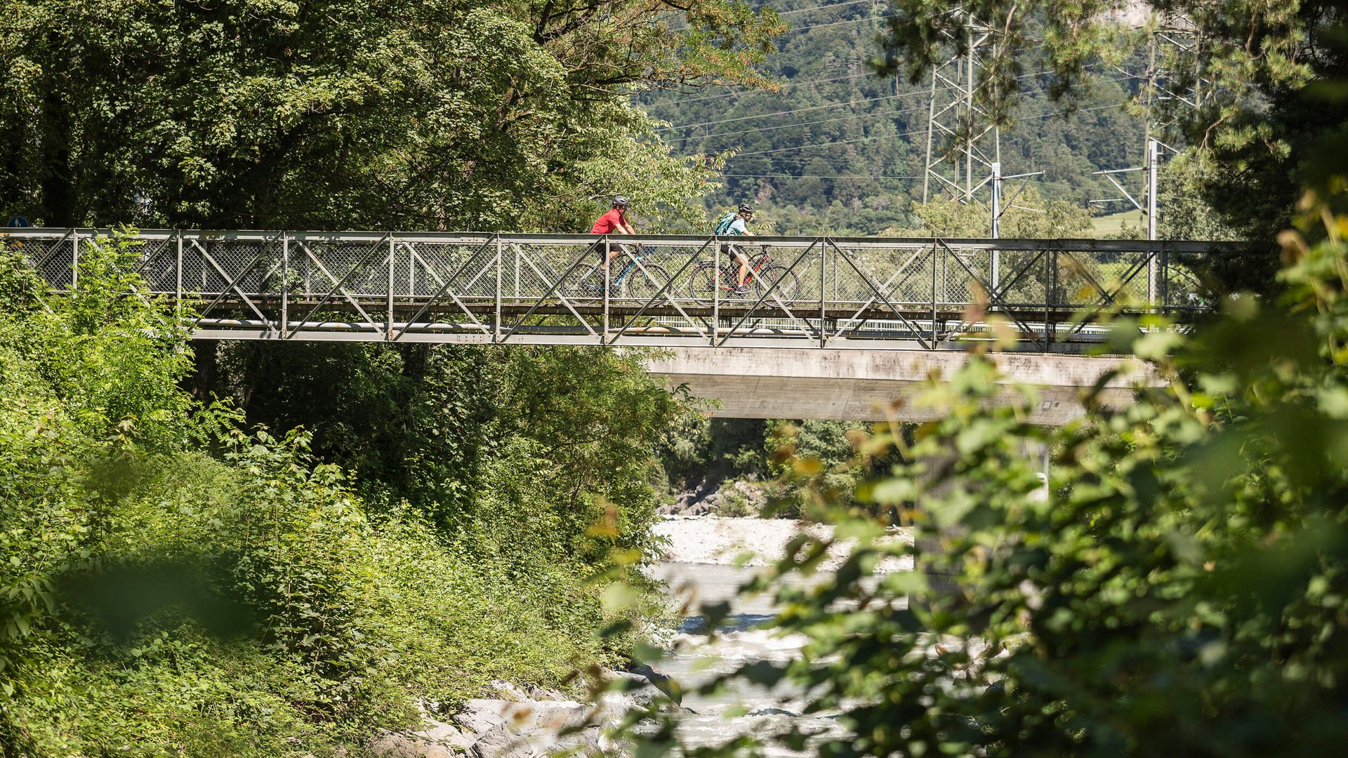 Two cyclists on a metal bridge over a wooded stream