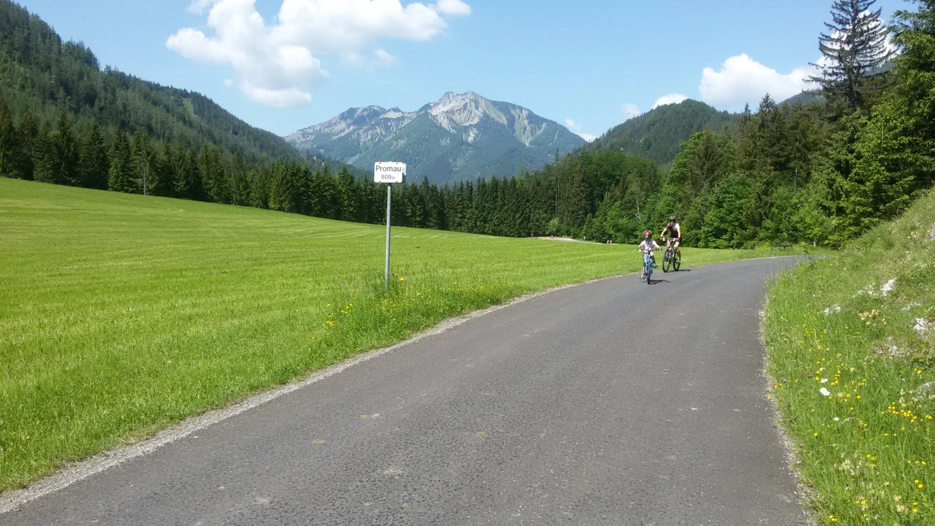 Kinder und Erwachsener fahren Fahrrad auf Landstraße in bergiger grüner Landschaft