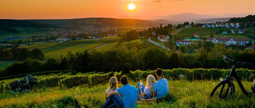Four people sitting on grass watching sunset over village and hills