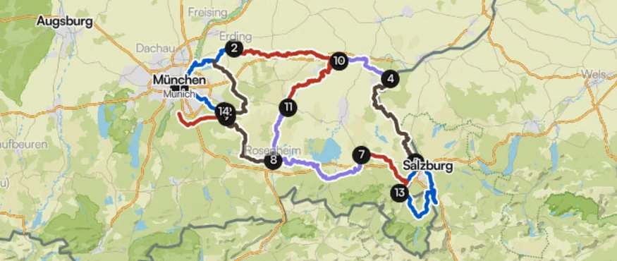 Karte zeigt Wander- oder Radwege rund um München und Salzburg