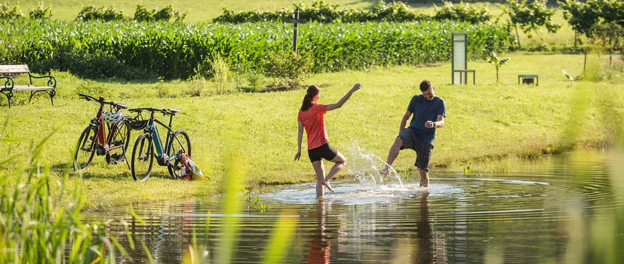 Zwei Personen planschen in einem Teich neben Fahrrädern auf einer Wiese