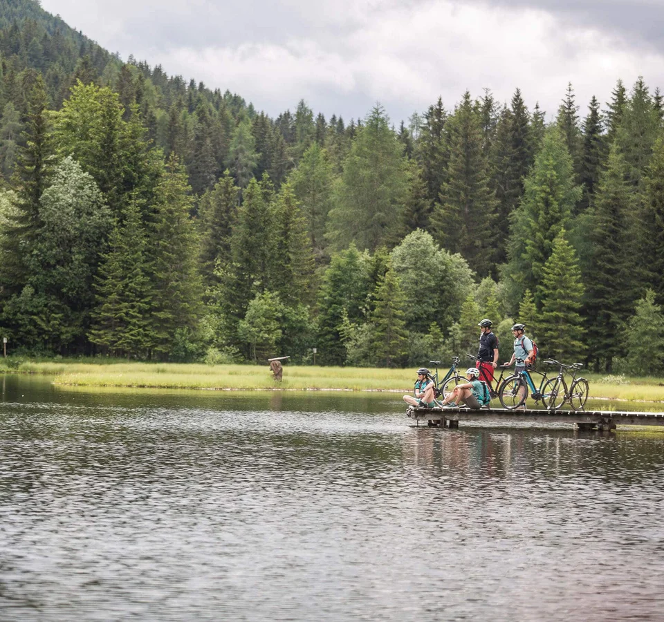 Radreisen in der Gruppe © Velontour Radfahrer auf einem Steg am See in einem Waldgebiet