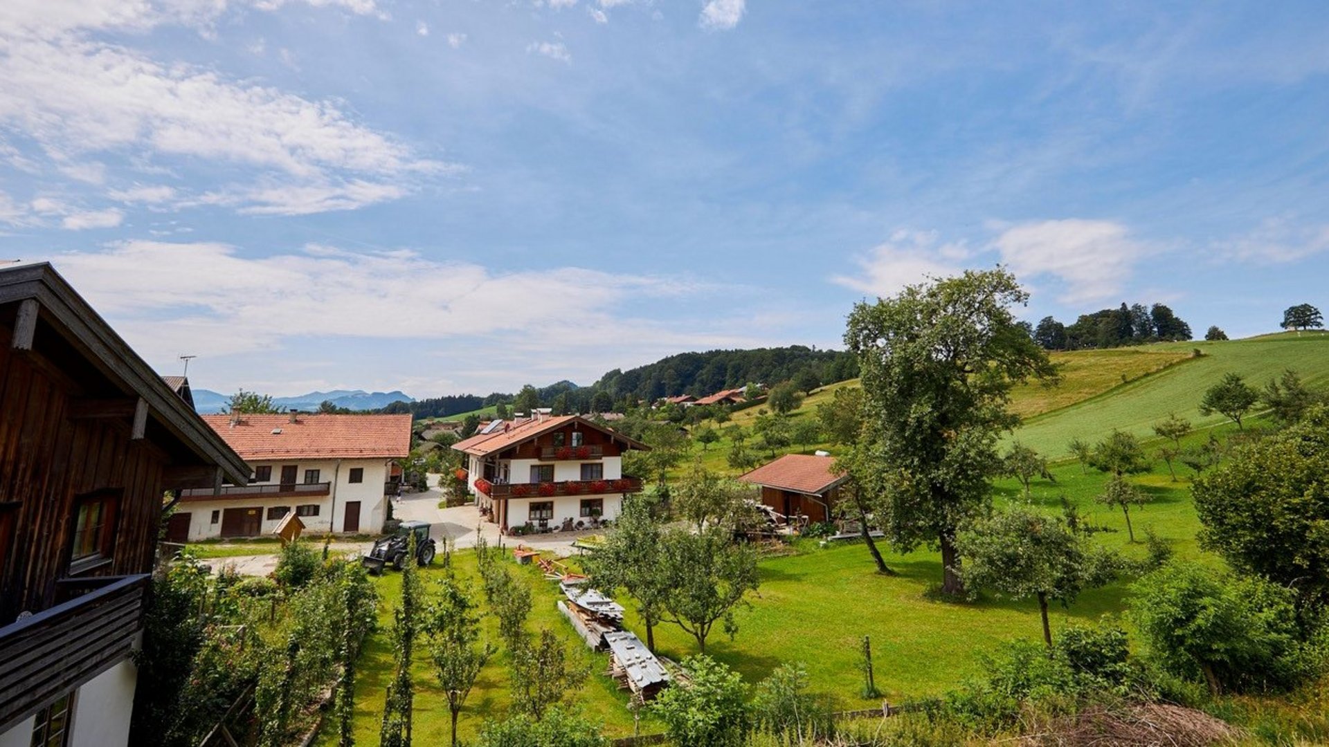 Rural houses with gardens and green hills under a blue sky