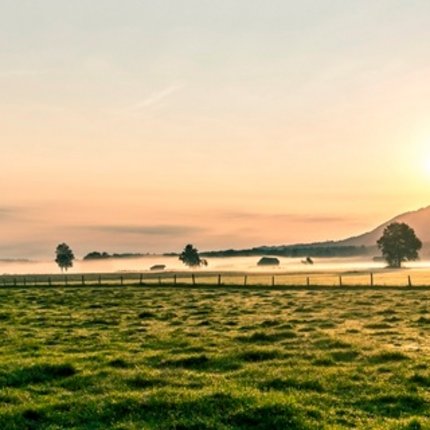 Sunrise over green meadow with mountains in the background