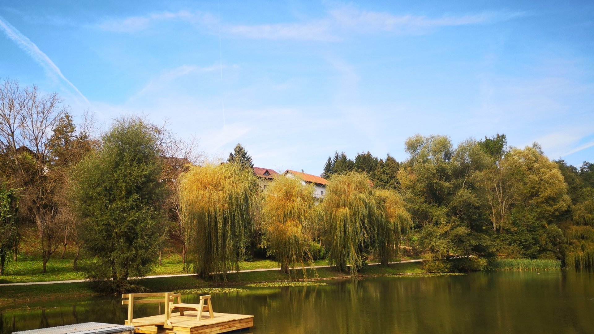 Wooden pier with bench on calm lake with green trees and houses in the background