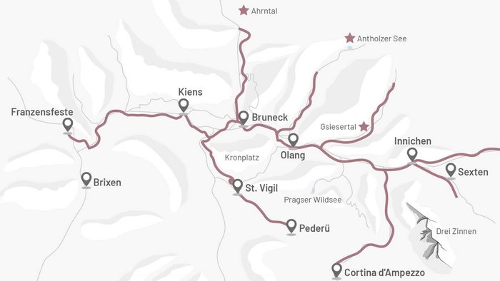 Map showing towns and roads in the Dolomites, Italy