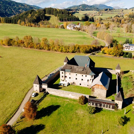 Aerial view of a castle in a green valley with mountains in the background
