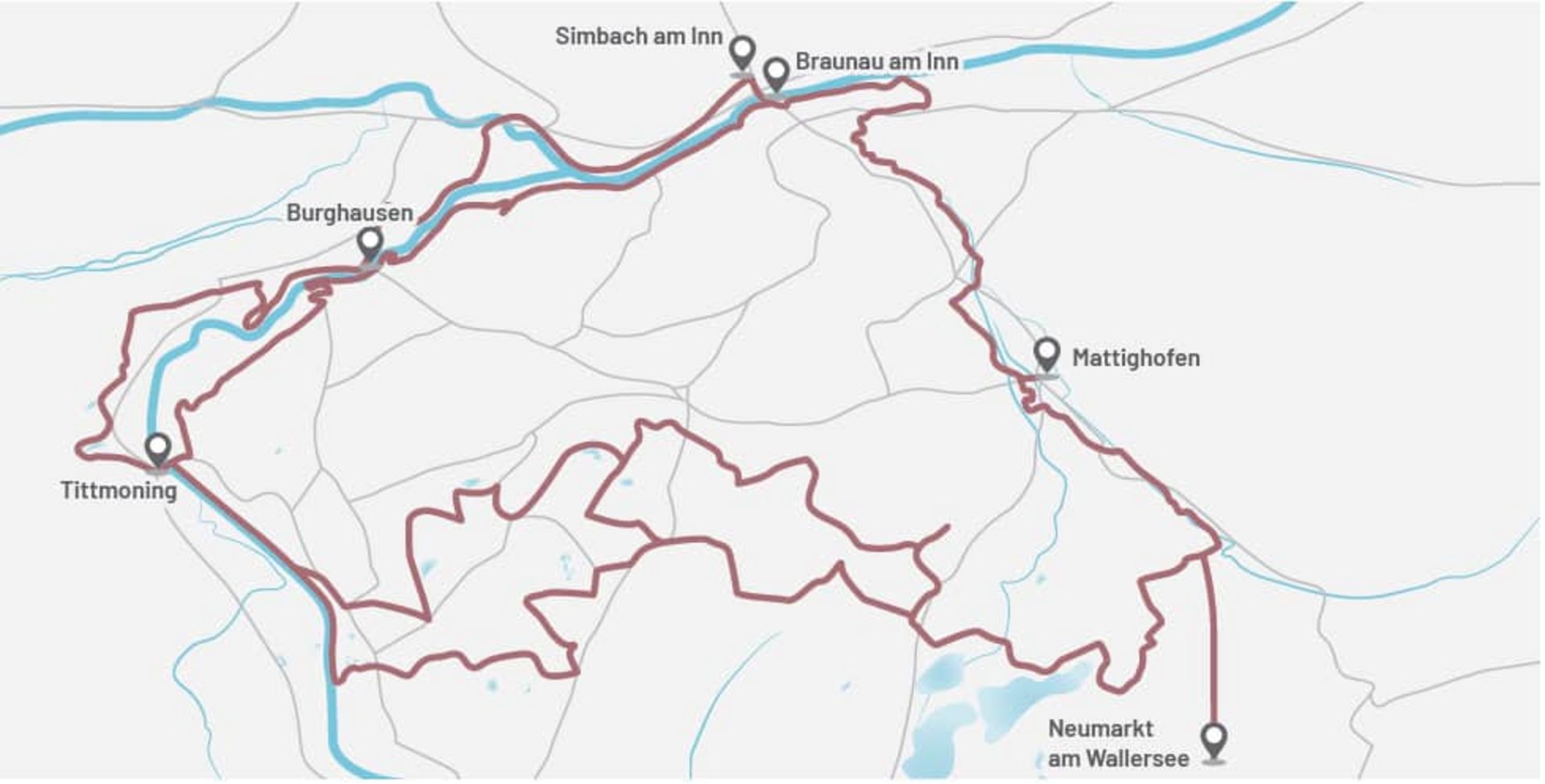 Map showing marked route between towns in Bavaria and Austria