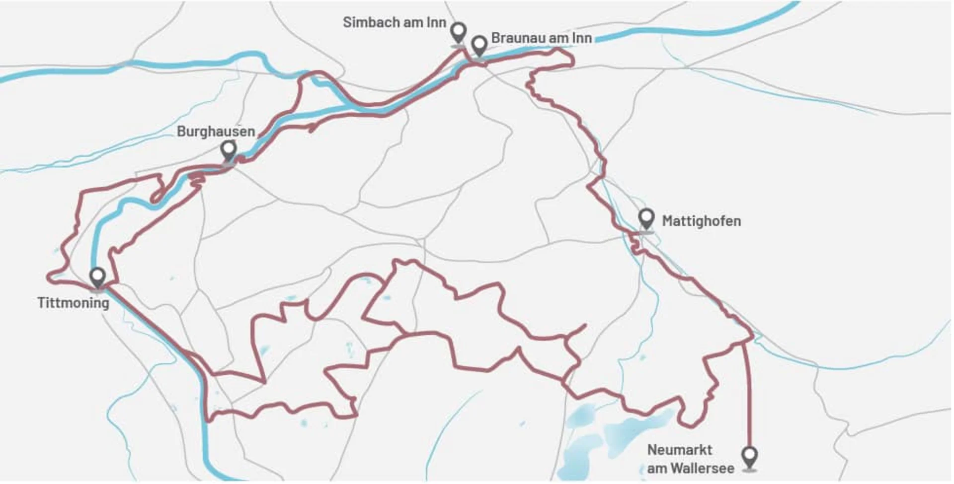 Map showing marked route between towns in Bavaria and Austria