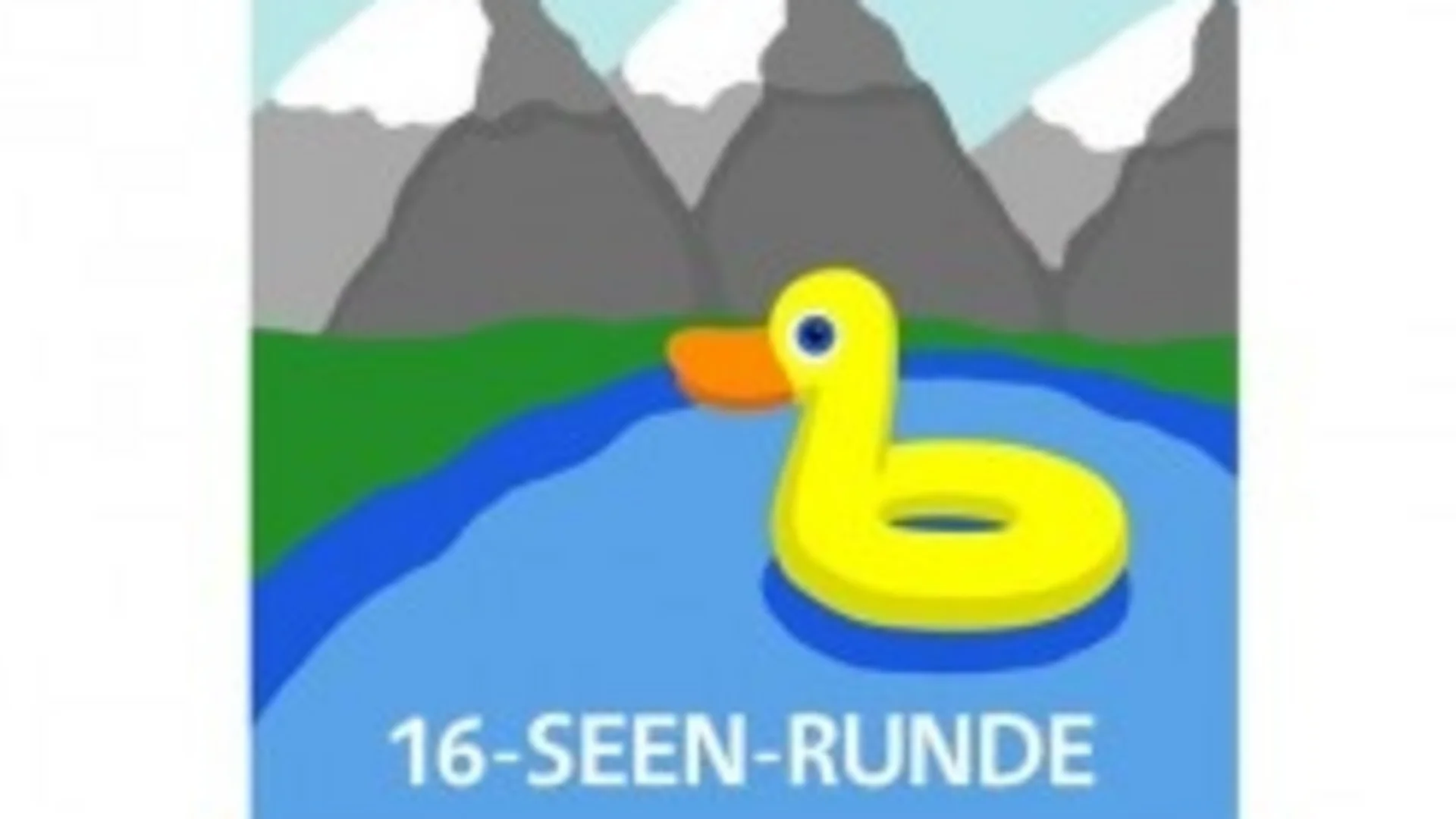 Gelber Entenring auf See mit Bergen im Hintergrund